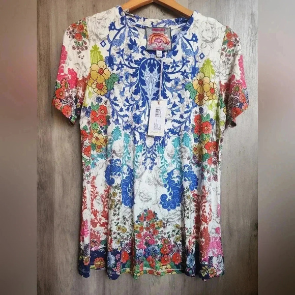 Johnny Was NWT Shellinay Favorite Short Crew Swing Shirt Tee Colorful Floral SM - Picture 5 of 11